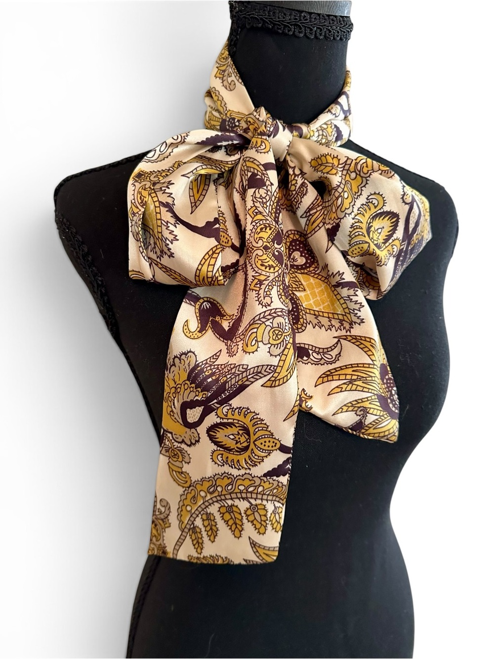 Silk Paisley Bow Neck Scarf - Cream & Gold